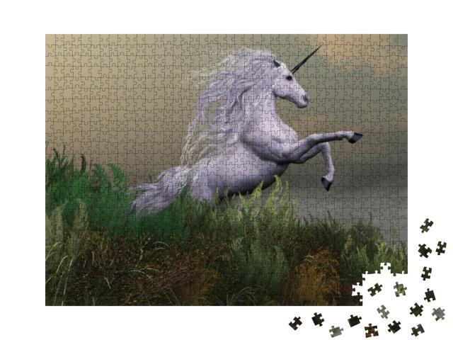 White Unicorn on Mountain 3D Illustration - a White Unico... Jigsaw Puzzle with 1000 pieces