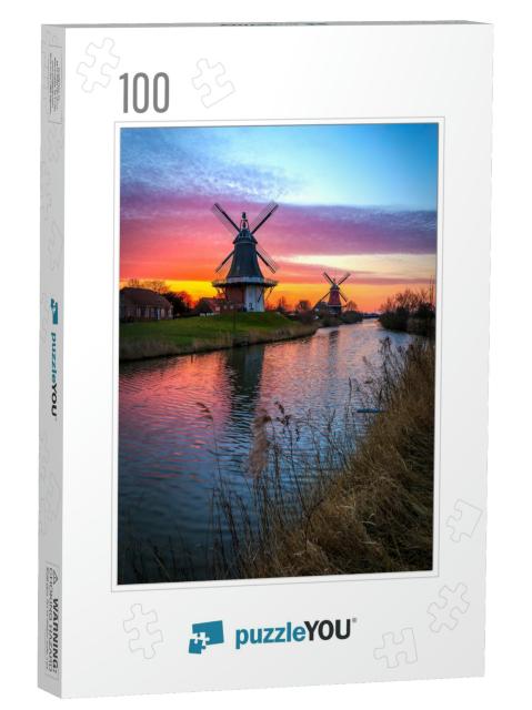 The Famous Twin Mills of Greetsiel, East Frisia At Sunris... Jigsaw Puzzle with 100 pieces