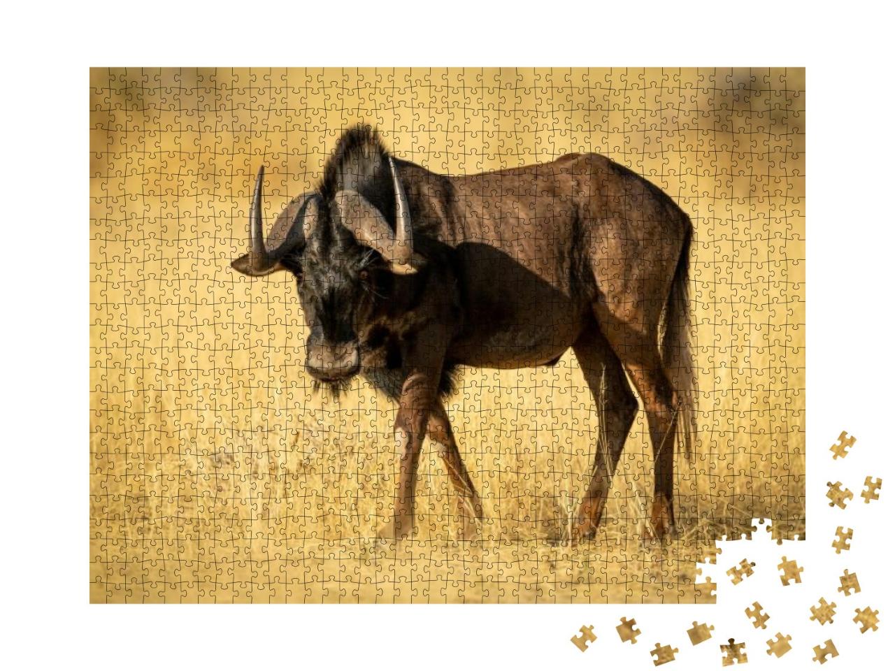 Black Wildebeest Walks Through Grass in Sunshine... Jigsaw Puzzle with 1000 pieces