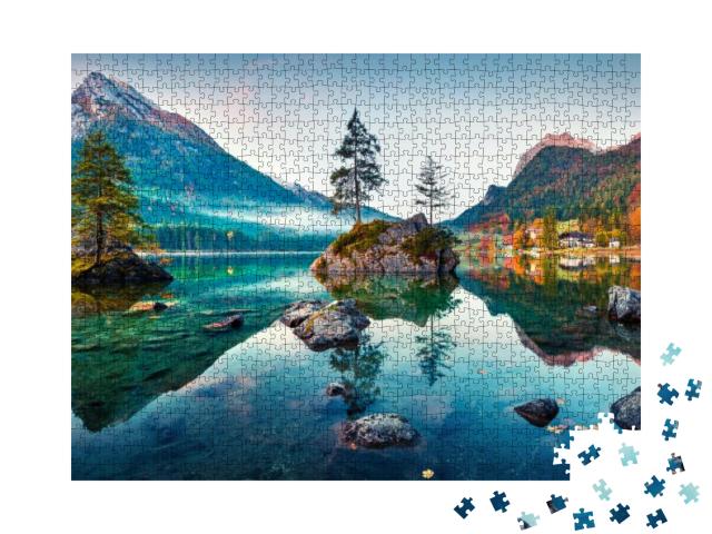 Beautiful Autumn Scene of Hintersee Lake. Colorful Mornin... Jigsaw Puzzle with 1000 pieces