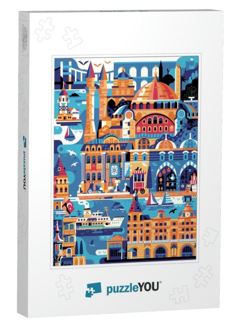 Summer Istanbul Travel Poster with Landmarks Including Ha... Jigsaw Puzzle