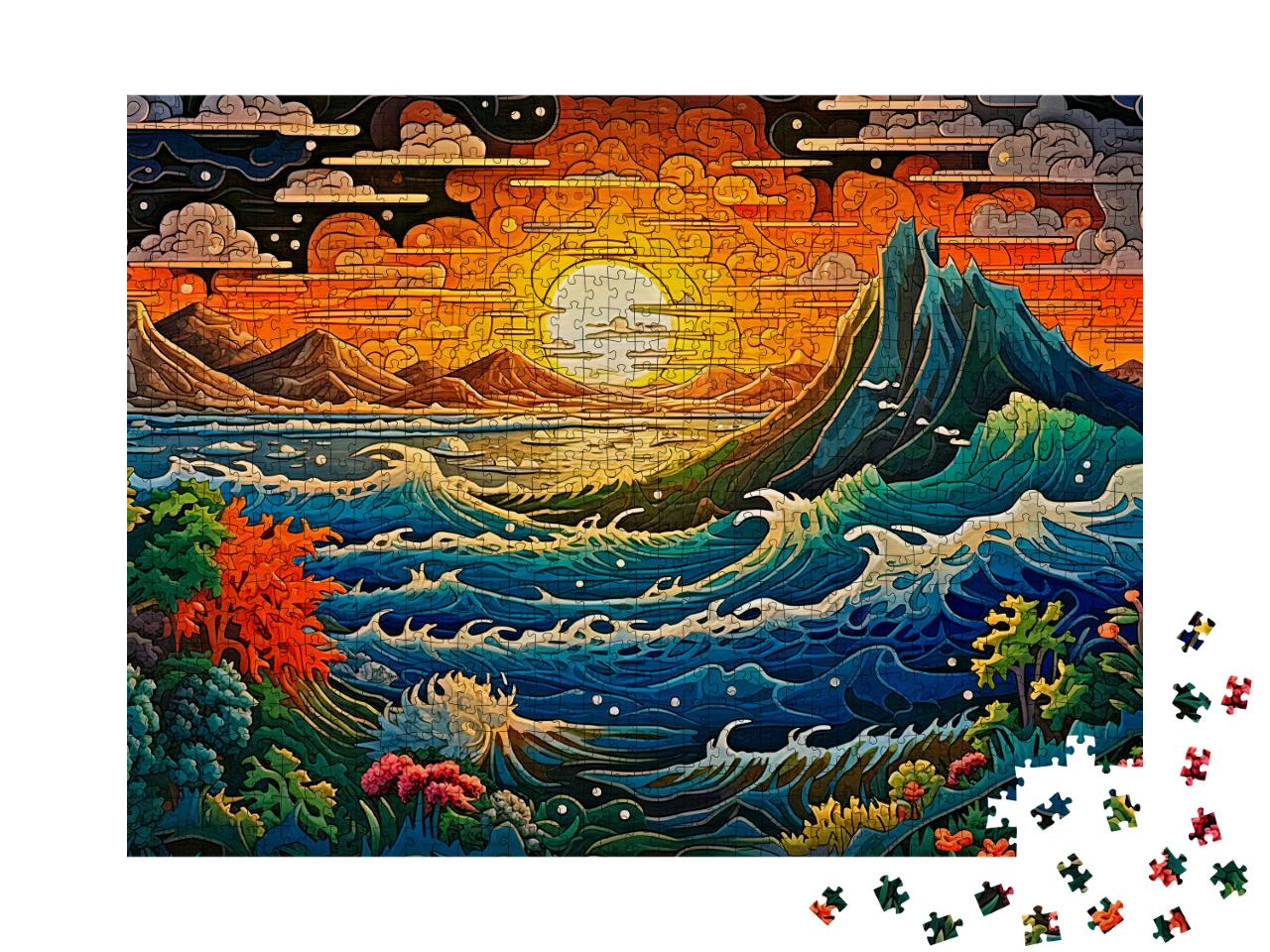 As the Sun Sets between the Mountains, the Choppy Sea Rages Jigsaw Puzzle with 1000 pieces