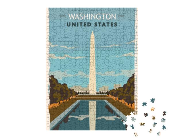 Washington Monument Retro Poster. USA Washington Travel Il... Jigsaw Puzzle with 1000 pieces