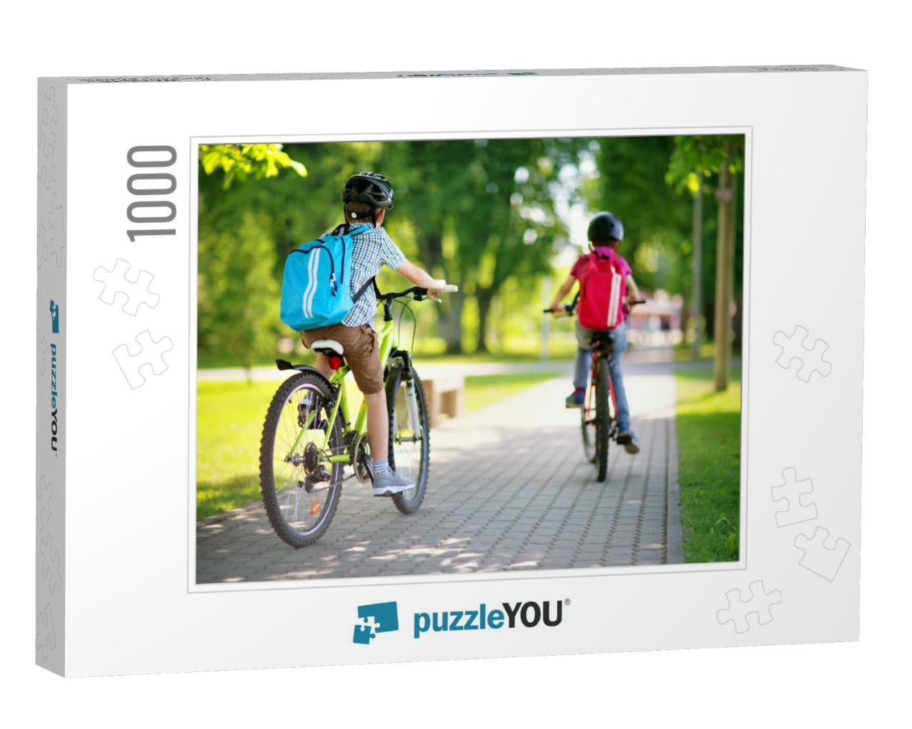 Children with Rucksacks Riding on Bikes in the Park Near... Jigsaw Puzzle with 1000 pieces