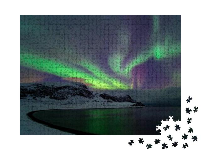 Intense Northern Lights, Aurora Borealis At a Bay Near Ho... Jigsaw Puzzle with 1000 pieces