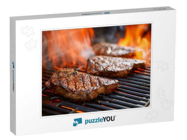 grilling steaks on flaming grill and shot with sel Jigsaw Puzzle