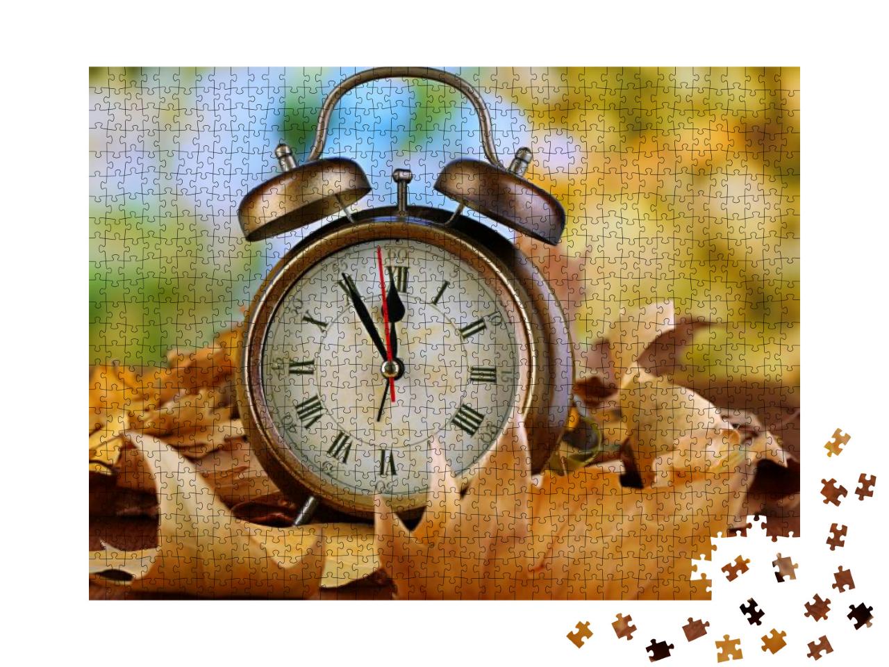 Old Clock on Autumn Leaves on Wooden Table on Natural Bac... Jigsaw Puzzle with 1000 pieces