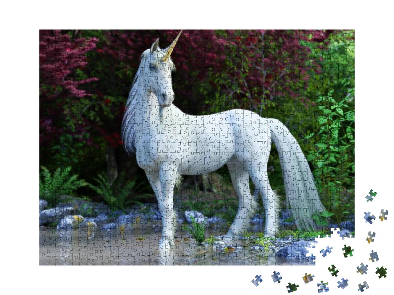 Mythical White Unicorn Posing in an Enchanted Forest. 3D... Jigsaw Puzzle with 1000 pieces