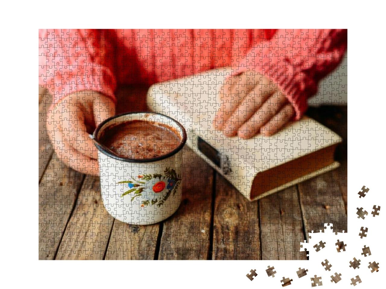 Woman Holding Cup of Hot Chocolate. Hot Chocolate in Wood... Jigsaw Puzzle with 1000 pieces