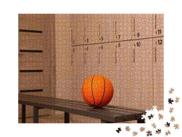 Orange Basketball Ball on Wooden Bench in Locker Room... Jigsaw Puzzle with 1000 pieces