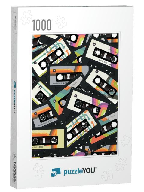 Retro Vintage Cassette Tape Seamless Background Vector... Jigsaw Puzzle with 1000 pieces