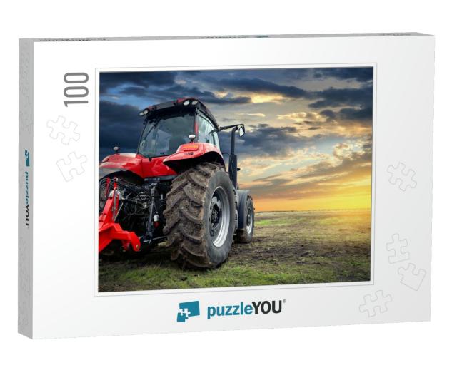 Tractor Working on the Farm At Sunset, a Modern Agricultu... Jigsaw Puzzle with 100 pieces