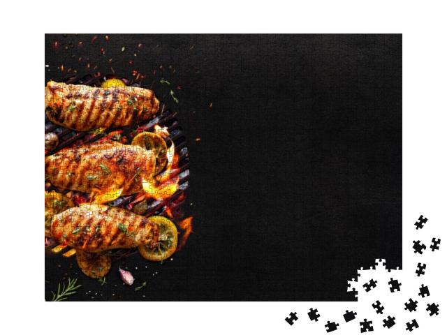 Grilled chicken breasts on a grill plate on black Jigsaw Puzzle with 1000 pieces
