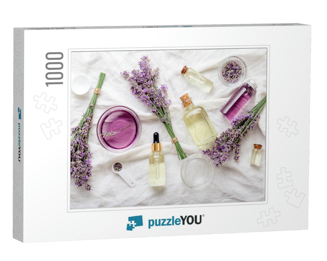 Lavender Oils Serum & Lavender Flowers on White Fabric. S... Jigsaw Puzzle with 1000 pieces