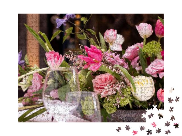 Beautiful Arrangement of Pink Flowers with Leaves, on a T... Jigsaw Puzzle with 1000 pieces