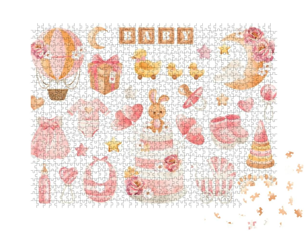 Set of Watercolor Elements for a Little Girl... Jigsaw Puzzle with 1000 pieces