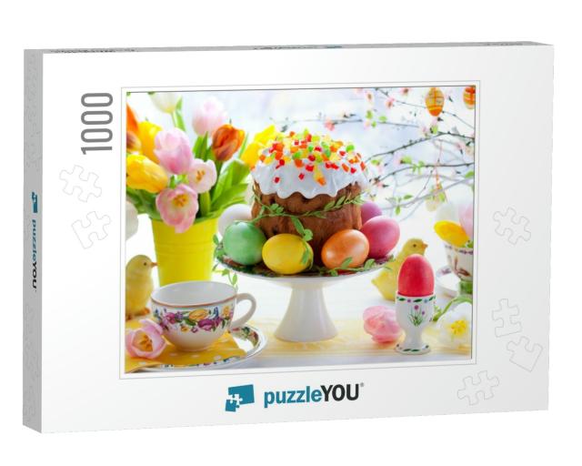 Easter Cake & Colorful Eggs on Festive Easter Table... Jigsaw Puzzle with 1000 pieces