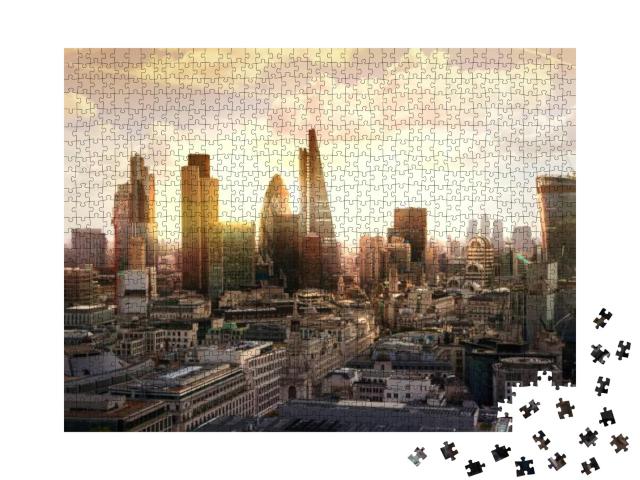 London Sunset. View on Business Modern District... Jigsaw Puzzle with 1000 pieces