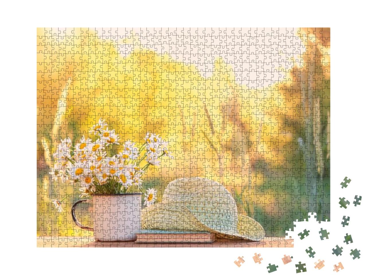 Beautiful Daisies in White Cup, Book, Braided Hat. Summer... Jigsaw Puzzle with 1000 pieces