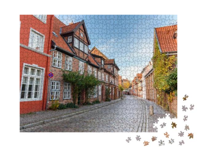 Street with Medieval Old Brick Buildings in Luneburg. Ger... Jigsaw Puzzle with 1000 pieces