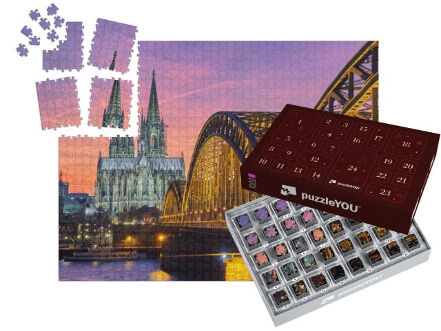 Cologne Cathedral & Hohenzollern Bridge At Sunset / Night... | Advent Calendar Jigsaw Puzzle