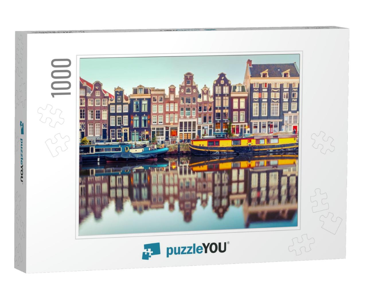 Amsterdam Canal Singel with Typical Dutch Houses & Houseb... Jigsaw Puzzle with 1000 pieces