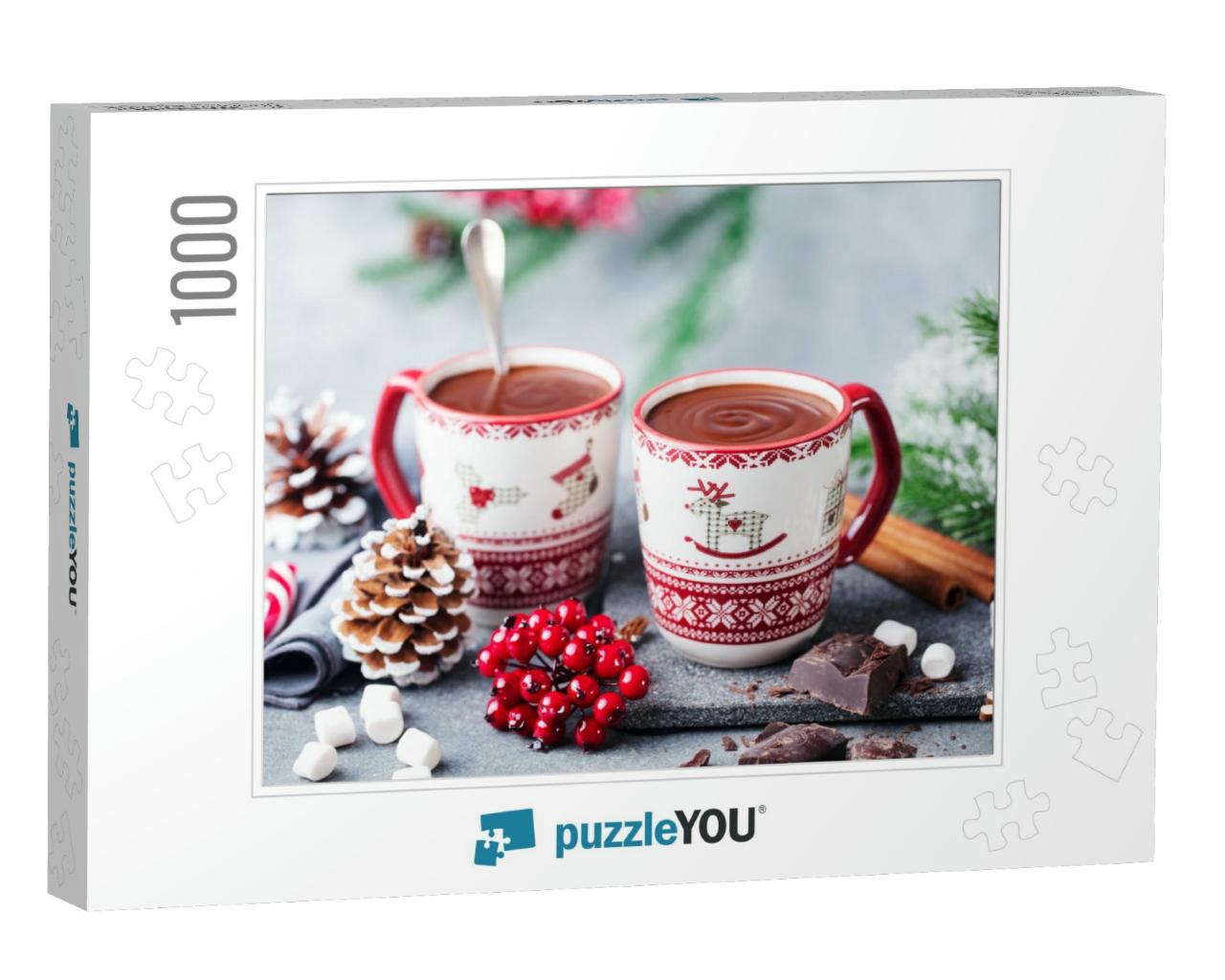 Hot Chocolate with Marshmallows in Christmas Mugs on Grey... Jigsaw Puzzle with 1000 pieces