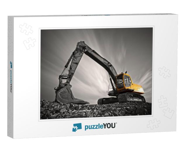 Excavator Parked on Stone Ground Against Dramatic Sky... Jigsaw Puzzle