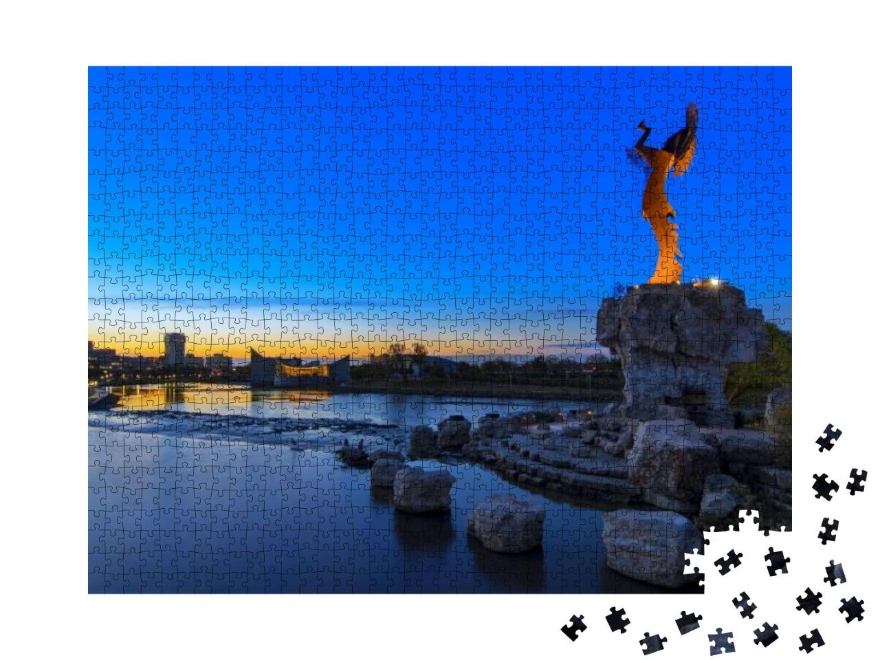 Keeper of the Plains Indian in Wichita, Kansas At Sunrise... Jigsaw Puzzle with 1000 pieces