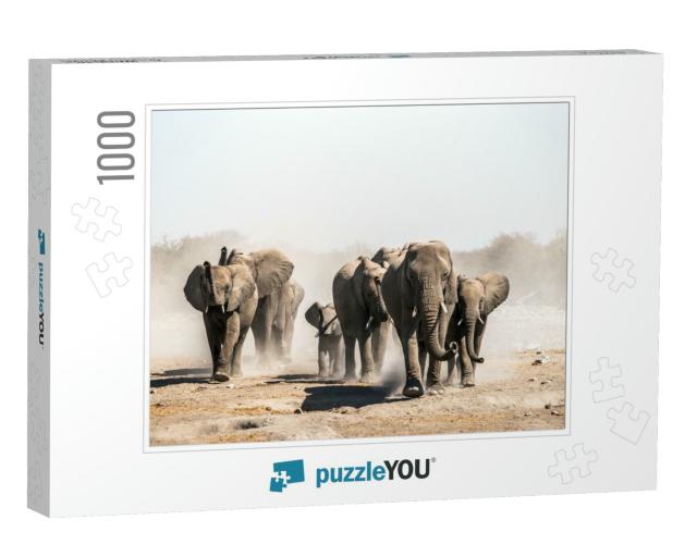 A Herd of Elephants Approaches a Waterhole in Etosha Nati... Jigsaw Puzzle with 1000 pieces