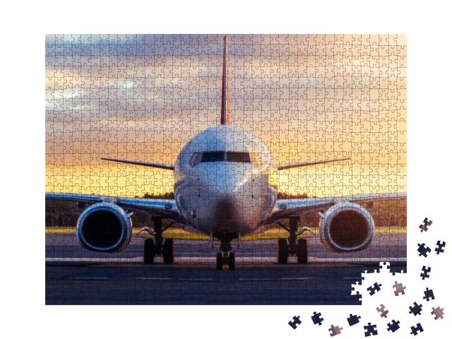 Sunset View of Airplane on Airport Runway Under Dramatic... Jigsaw Puzzle with 1000 pieces