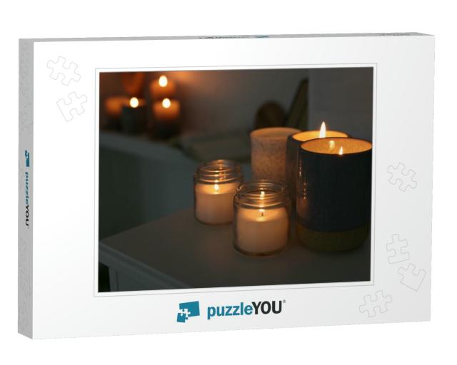 Burning Wax Candles on White Table in Room, Space for Tex... Jigsaw Puzzle