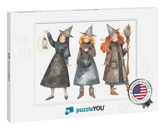 Three Witches with Kerosene Lamp, Broom & Pot. W... Jigsaw Puzzle