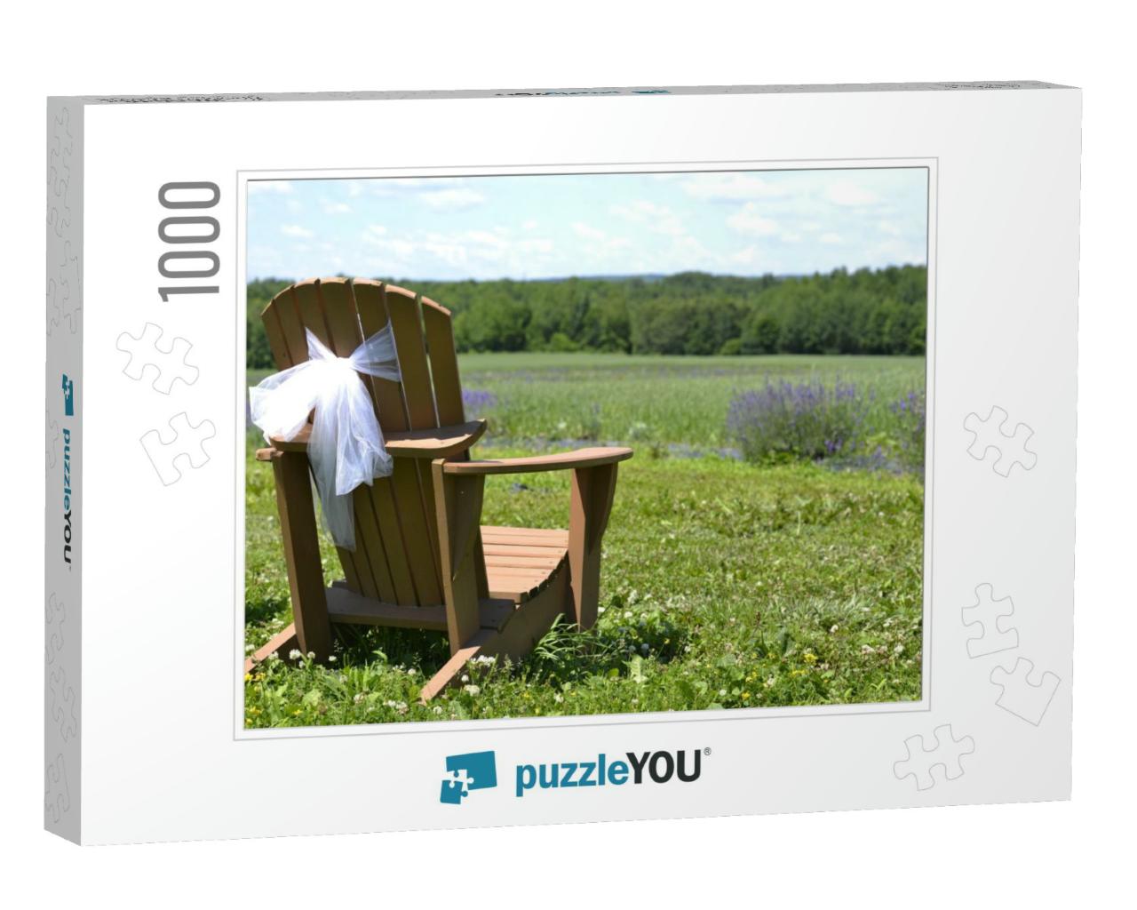 Wedding Adirondack Old Chair, on Lavender Flowers Field... Jigsaw Puzzle with 1000 pieces