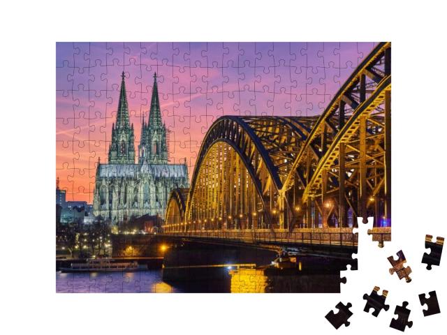Cologne Cathedral & Hohenzollern Bridge At Sunset / Night... Jigsaw Puzzle with 200 pieces