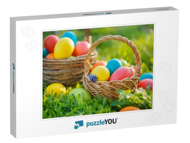 Happy Easter. Colorful Easter Eggs in Baskets, on the Spr... Jigsaw Puzzle