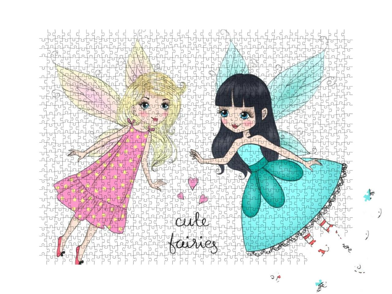 Two Hand Drawn Beautiful Cute Little Fairies Girls... Jigsaw Puzzle with 1000 pieces