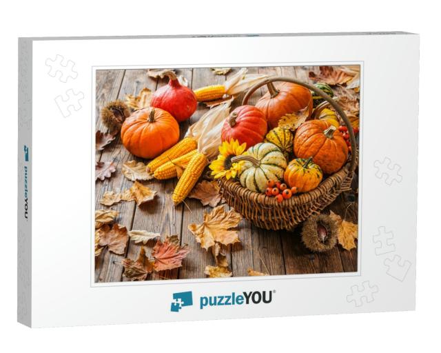 Autumn Still Life with Pumpkins, Corncobs & Leaves on Woo... Jigsaw Puzzle