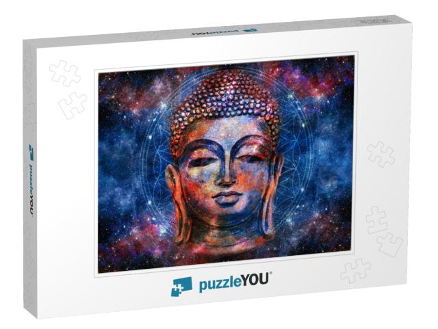 Head of Lord Buddha Digital Art Collage Combined with Wat... Jigsaw Puzzle