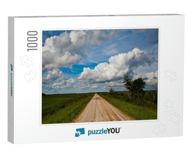A Country Road in Rural North Dakota, with Large Puffy Wh... Jigsaw Puzzle with 1000 pieces