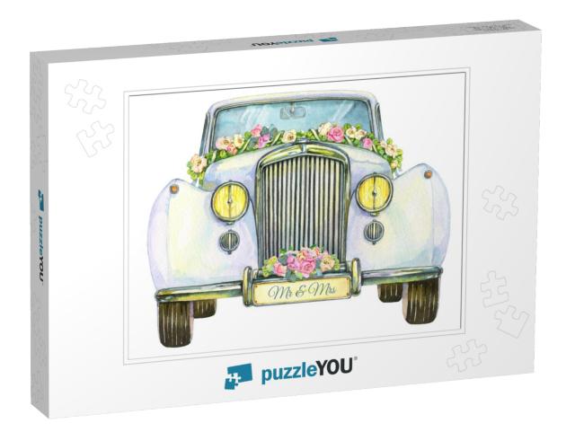 Wedding Vintage White Car, Front View. Watercolor... Jigsaw Puzzle