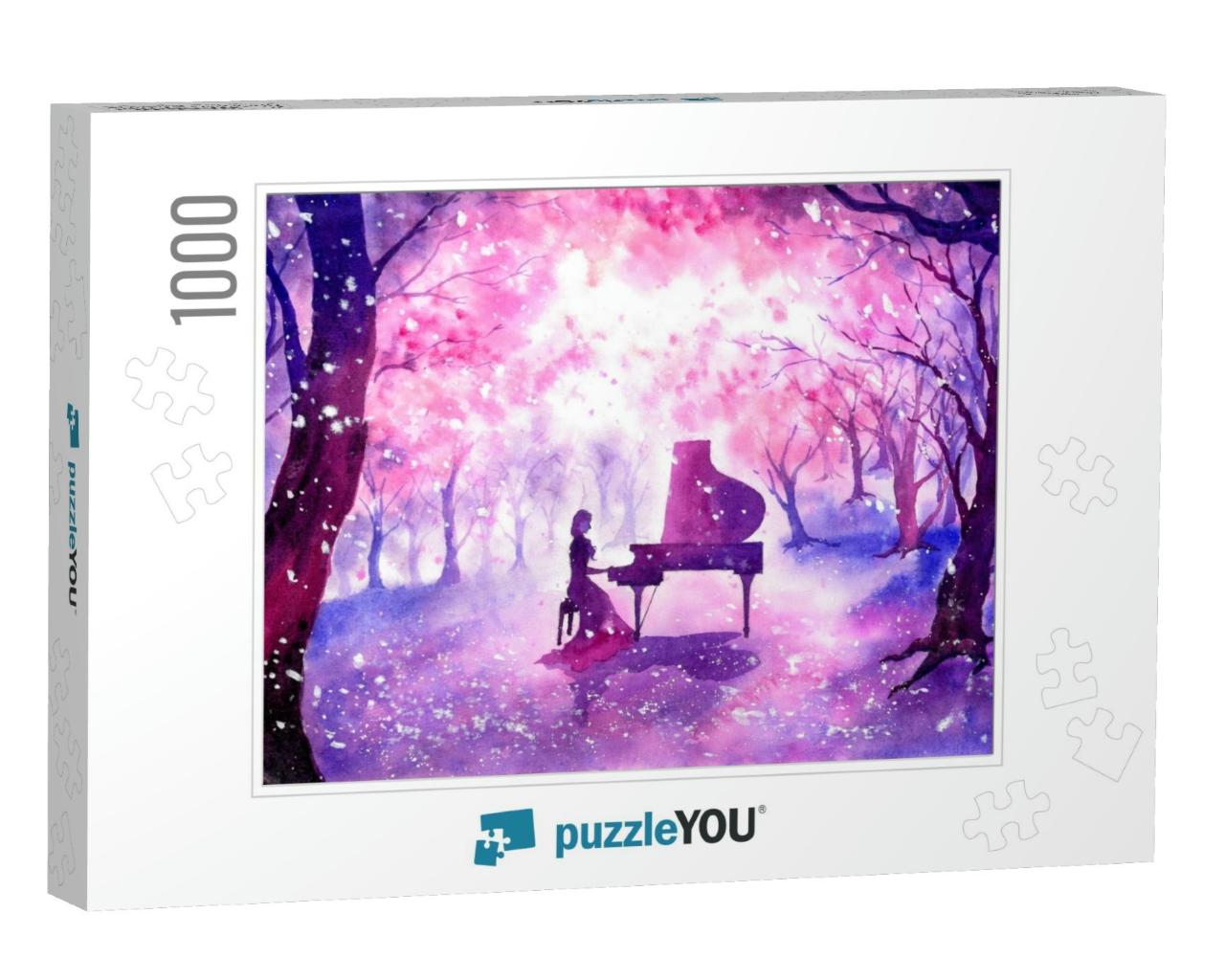 Watercolor Painting - Playing Piano Under Blossom Cherry... Jigsaw Puzzle with 1000 pieces