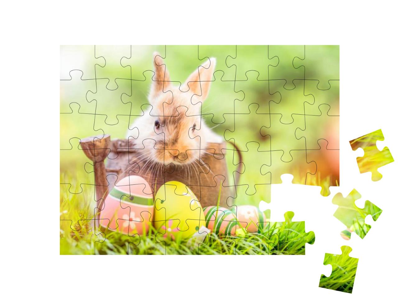 Small, Baby Rabbit in Easter Basket with Fluffy Fur & Eas... Jigsaw Puzzle with 48 pieces