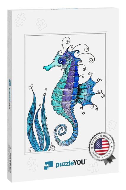 Watercolor Seahorse Hand Drawn Illustration Isolated on W... Jigsaw Puzzle