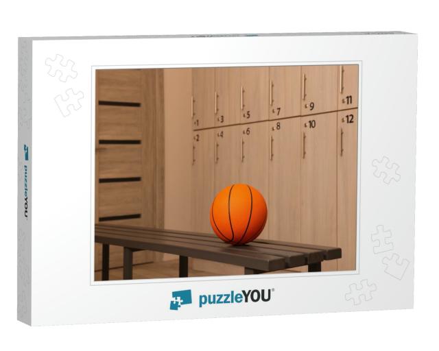 Orange Basketball Ball on Wooden Bench in Locker Room... Jigsaw Puzzle
