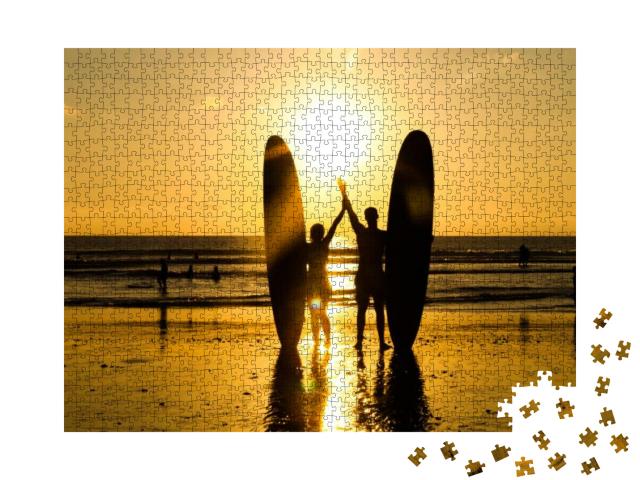 Surfer Couple in Silhouette Holding Long Surf Boards At S... Jigsaw Puzzle with 1000 pieces