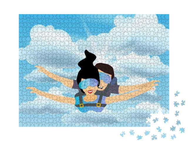 Skydiver Man & Woman Flying in the Blue Sky. Parachutist... Jigsaw Puzzle with 1000 pieces