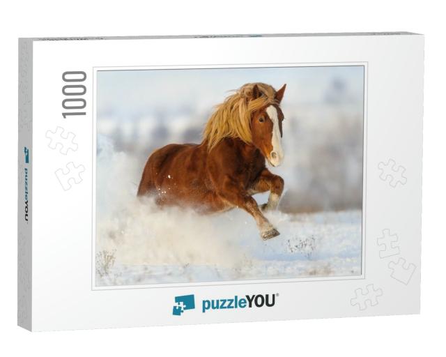 Red Horse with Long Blond Mane Run Gallop in Winter Snow... Jigsaw Puzzle with 1000 pieces