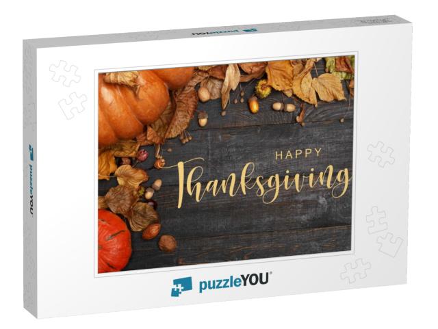 Thanksgiving Greetings. Pumpkins & Dry Leaves on a Dark W... Jigsaw Puzzle