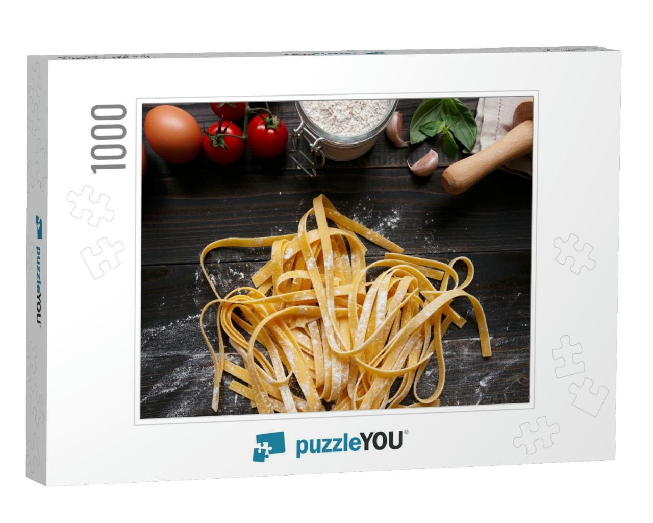 Fresh Homemade Pasta with Pasta Ingredients on the Dark W... Jigsaw Puzzle with 1000 pieces
